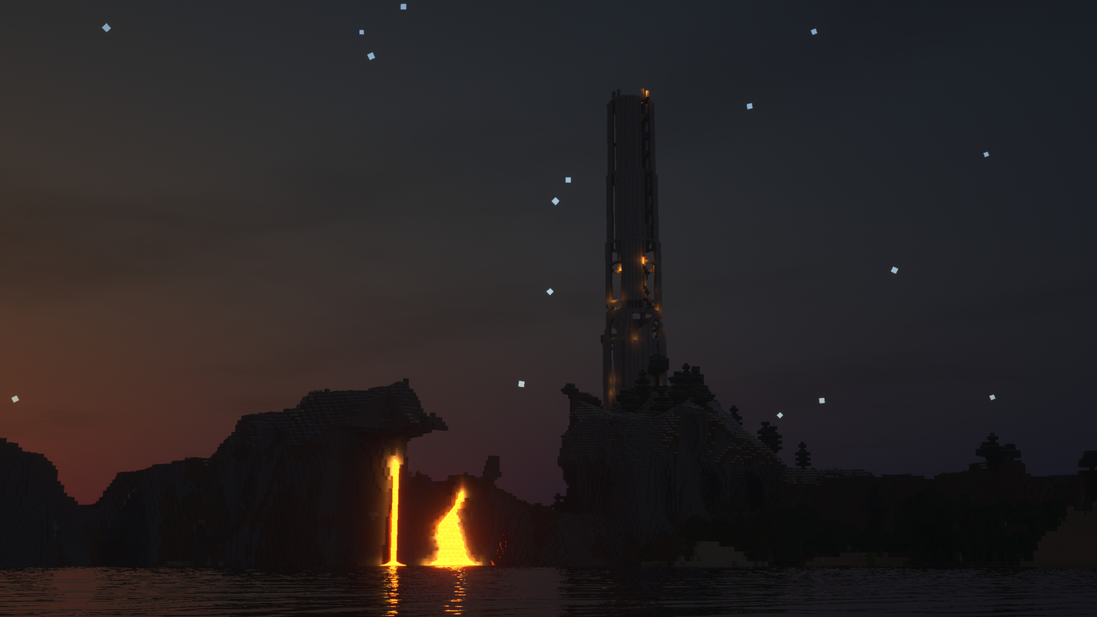 A Minecraft scene with a dark tower, lava, and a starry sky.
