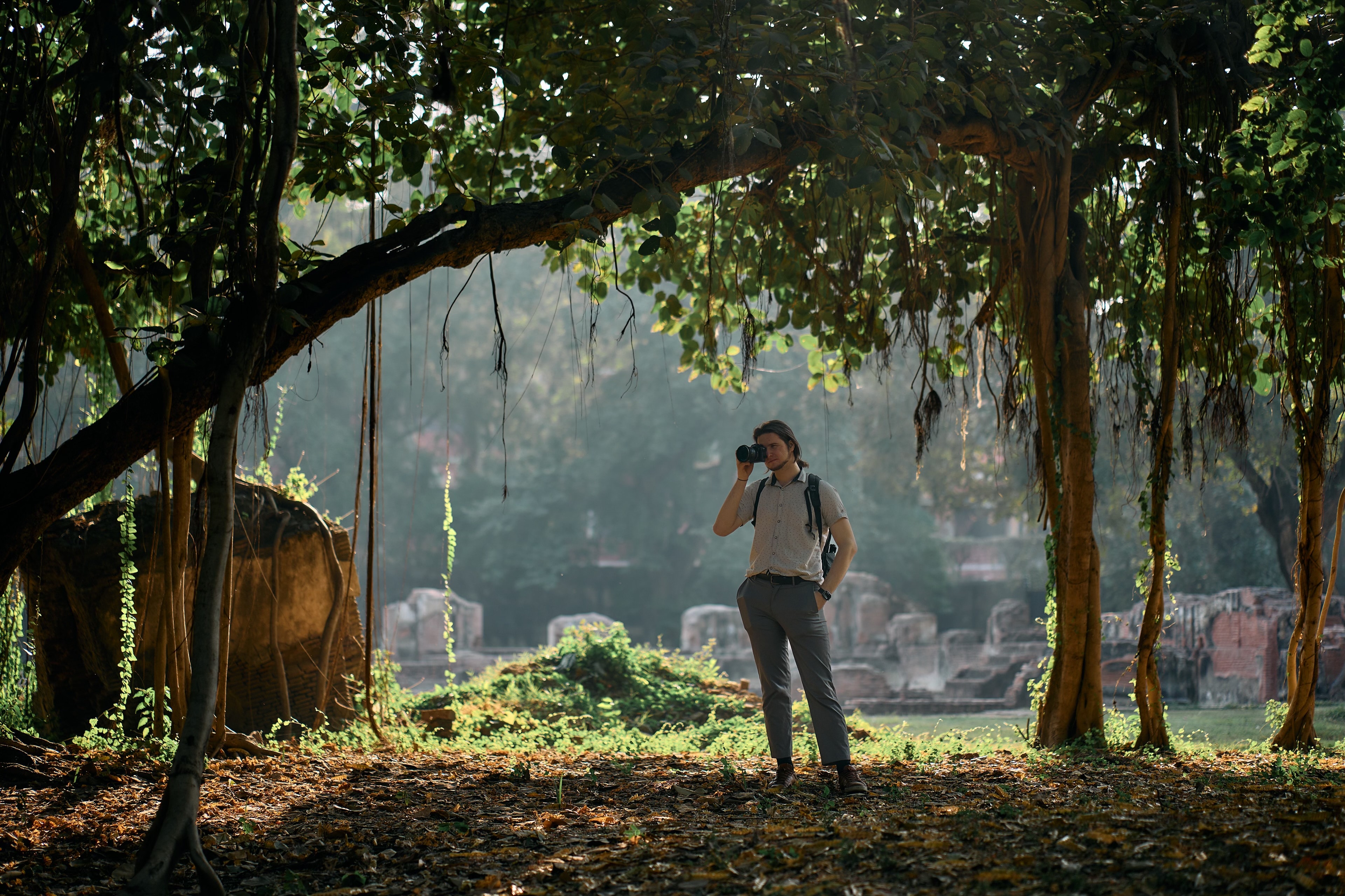 A photographer stands under trees in old ruins, with hard sunlight cutting through the park.