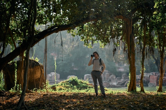 A photographer stands under trees in old ruins, with hard sunlight cutting through the park.