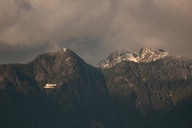 A seaplane soars against a backdrop of towering, snow-dusted mountains. The scene is enveloped in the soft light of a cloudy day.