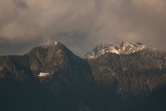 A seaplane soars against a backdrop of towering, snow-dusted mountains. The scene is enveloped in the soft light of a cloudy day.